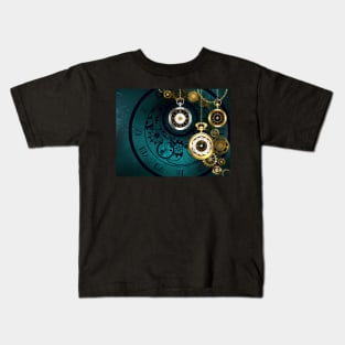 Clock with Gears on Green Background ( Steampunk ) Kids T-Shirt